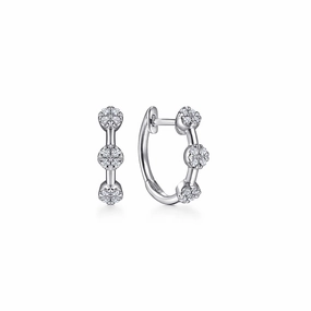 14K White Gold 15mm Diamond Station Huggie Triangular Jewelry Ornate Ornament