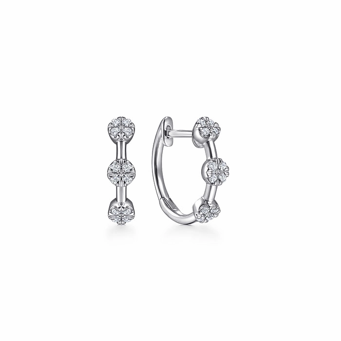 14K White Gold 15mm Diamond Station Huggie Triangular Jewelry Ornate Ornament