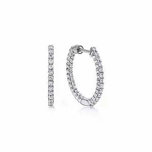14K White Gold 20mm Round Inside Out Diamond Hoop Earrings Polished Appearance Modernist Decoration