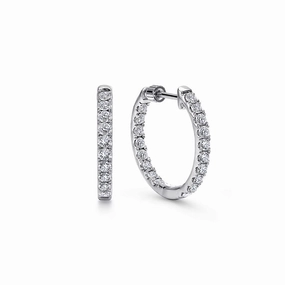 14K White Gold 20mm Round Inside Out Diamond Hoop Earrings Straight Accent