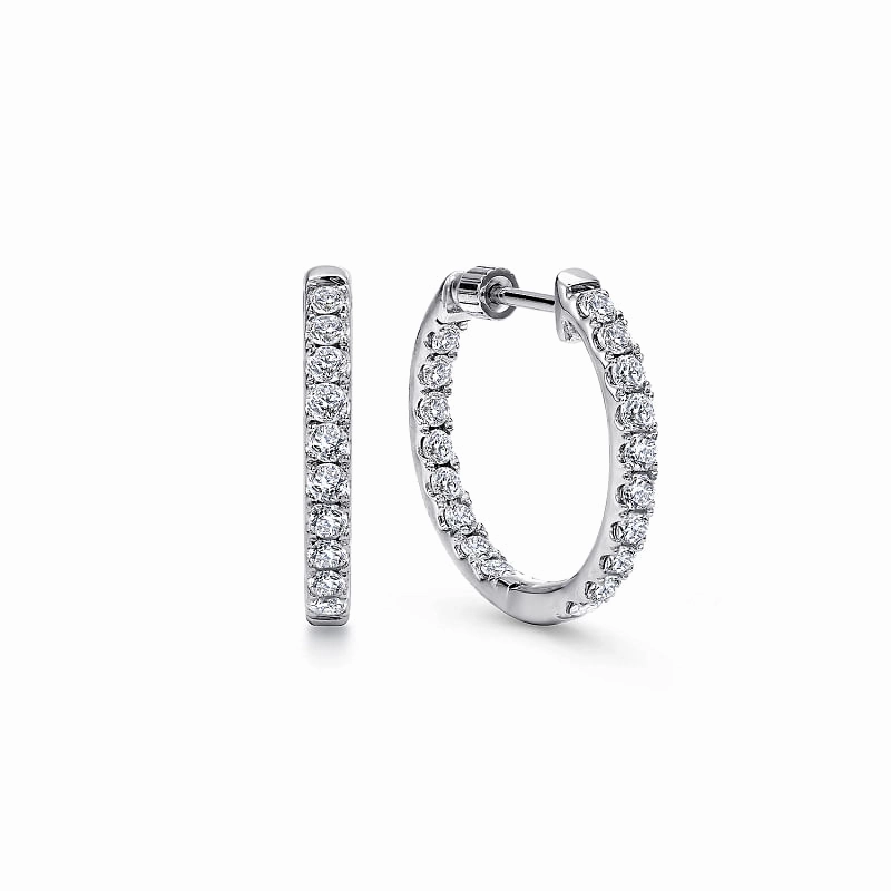 14K White Gold 20mm Round Inside Out Diamond Hoop Earrings Straight Accent