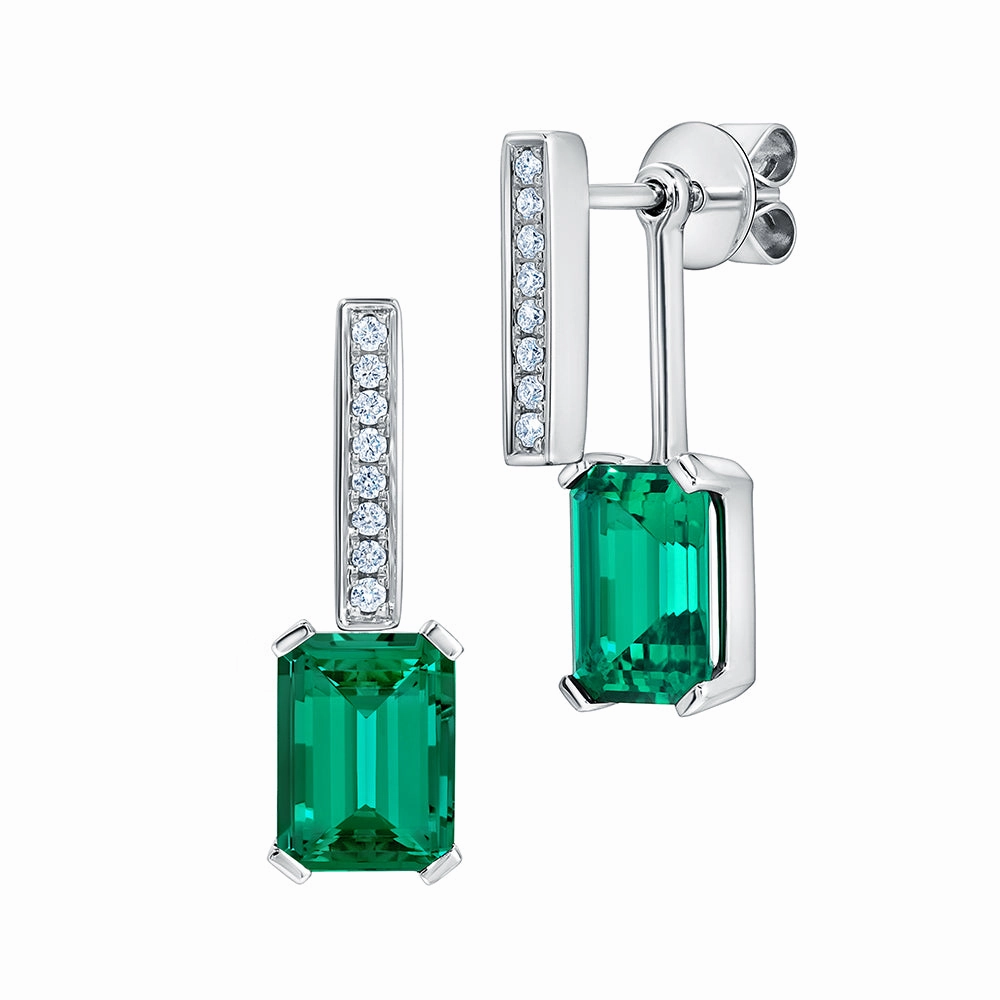 Metallic Item Exquisite Appearance 14K White Gold Chatham Lab Grown Emerald & Diamond Stud/Drop Earrings