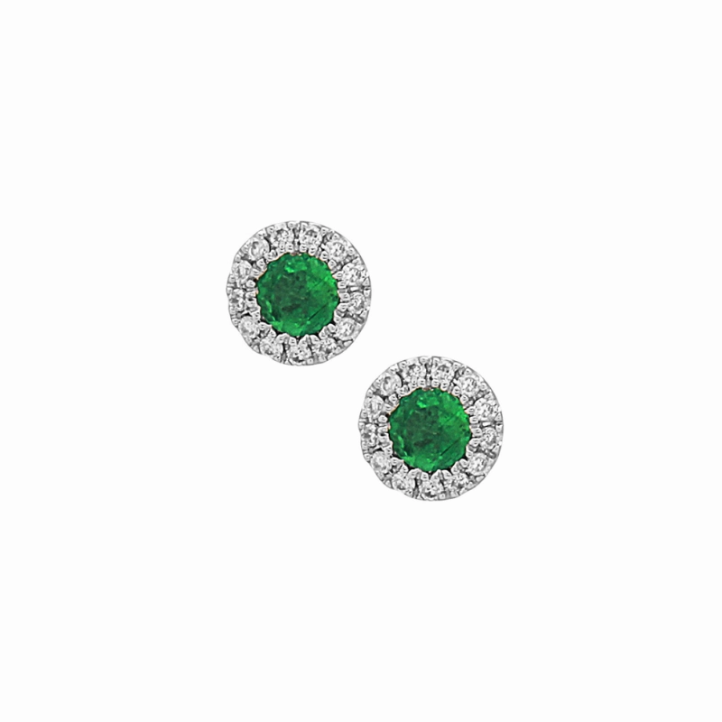 Straight Decoration Geometric Accessory 14K White Gold Emerald and Diamond Halo Stud Earrings