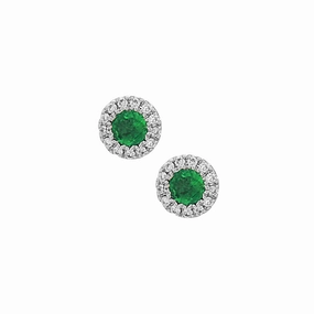 Straight Decoration Geometric Accessory 14K White Gold Emerald and Diamond Halo Stud Earrings