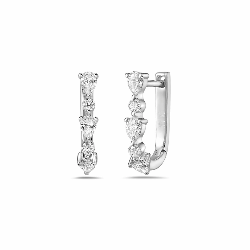 Stunning appearance 14K White Gold Round and Pear Diamond Huggie Earrings, .35ctw