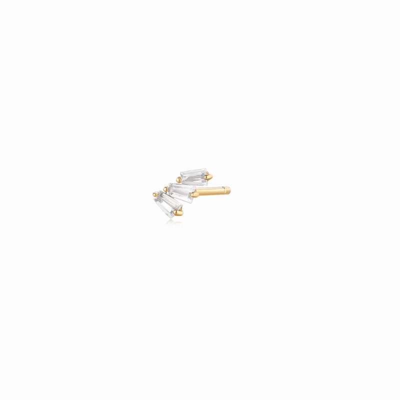 Geometric Decoration 14K Yellow Gold Baguette Trio White Sapphire SINGLE Stud Earring