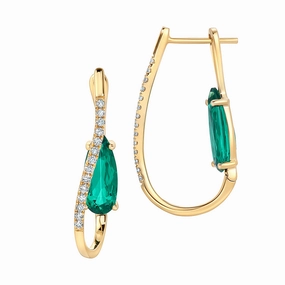 14K Yellow Gold Chatham Lab Grown Pear Emerald & Diamond Hoop Earrings Premium Ornament