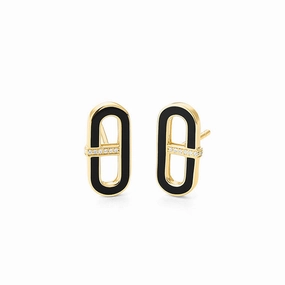 14K Yellow Gold Diamond and Black Enamel Oval Stud Earrings, 0.03ctw Safe Vibe Durable Accent