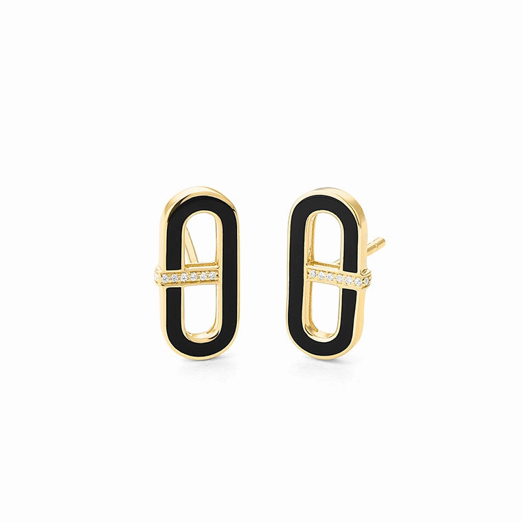 14K Yellow Gold Diamond and Black Enamel Oval Stud Earrings, 0.03ctw Safe Vibe Durable Accent
