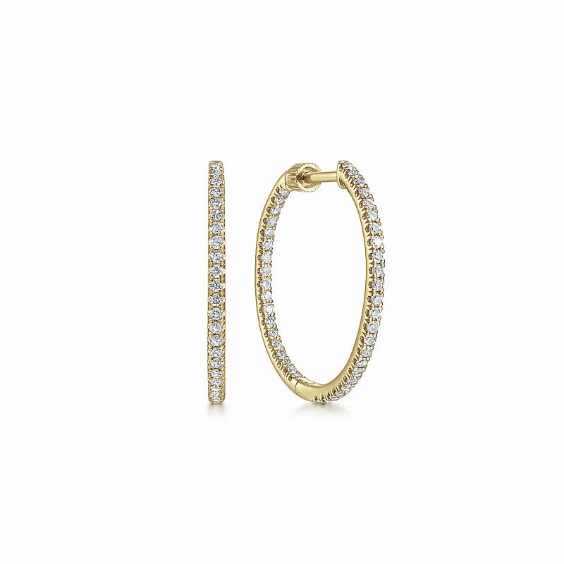 14K Yellow Gold French Pave 20mm Round Inside Out Diamond Hoop Earrings Brilliant Selection Daily Jewelry