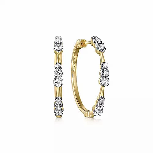 Attractive Selection 14K Yellow Gold Graduated Diamond Station Round Classic 30mm Hoop Earrings