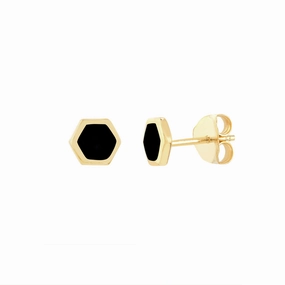 14k Yellow Gold Onyx Enamel Hexagon Stud Earrings Delicate Accent Chic Design