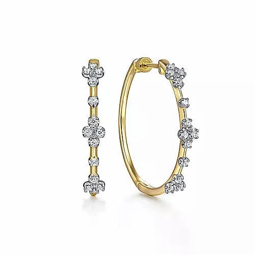 14K Yellow Gold Prong Set 30mm Round Classic Diamond Hoop Earrings Delicate Decor