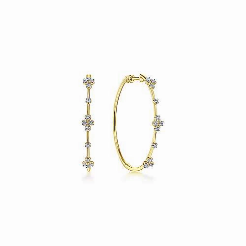 Minimalist Aesthetic Graceful Ornament 14K Yellow Gold Prong Set 40mm Round Classic Diamond Hoop Earrings
