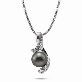 Carefree Day 18" Tahitian Black Pearl Pendant Necklace in White Gold with Diamonds - 10-11mm