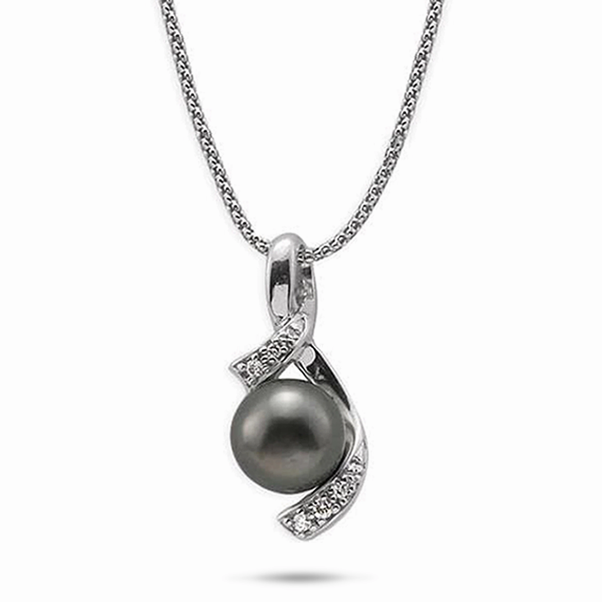 Carefree Day 18" Tahitian Black Pearl Pendant Necklace in White Gold with Diamonds - 10-11mm
