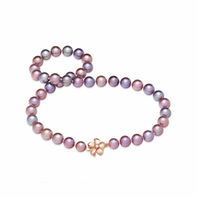Mother??s Gift 19.25" Freshwater Pearl Strand with Diamond Plumeria Clasp in Rose Gold - 9-13mm