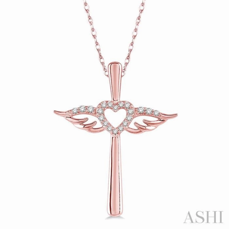 Premium Gift Active Look 1/10 Ctw Angel Wing & Heart Round Cut Diamond Cross Pendant With Chain in 10K Rose Gold