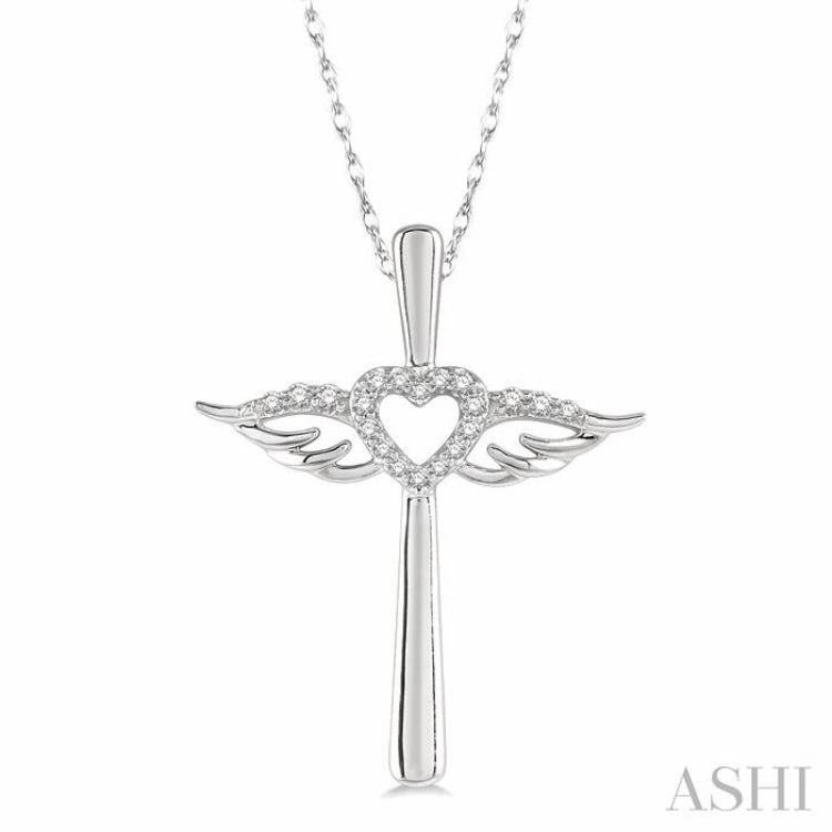 1/10 Ctw Angel Wing & Heart Round Cut Diamond Cross Pendant With Chain in 10K White Gold Splendid Present