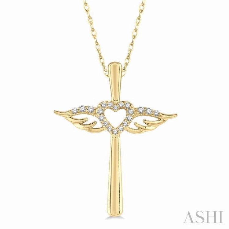 1/10 Ctw Angel Wing & Heart Round Cut Diamond Cross Pendant With Chain in 10K Yellow Gold Gift For Wife