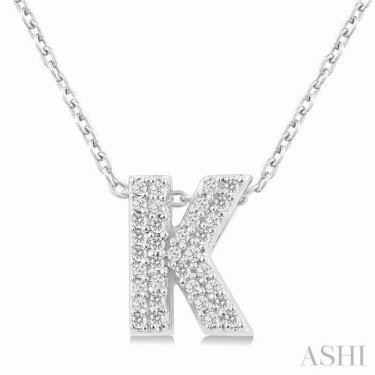 1/10 Ctw Bubble Accent Initial 'K' Round Cut Diamond Fashion Pendant With Chain in 10K White Gold For Colleague