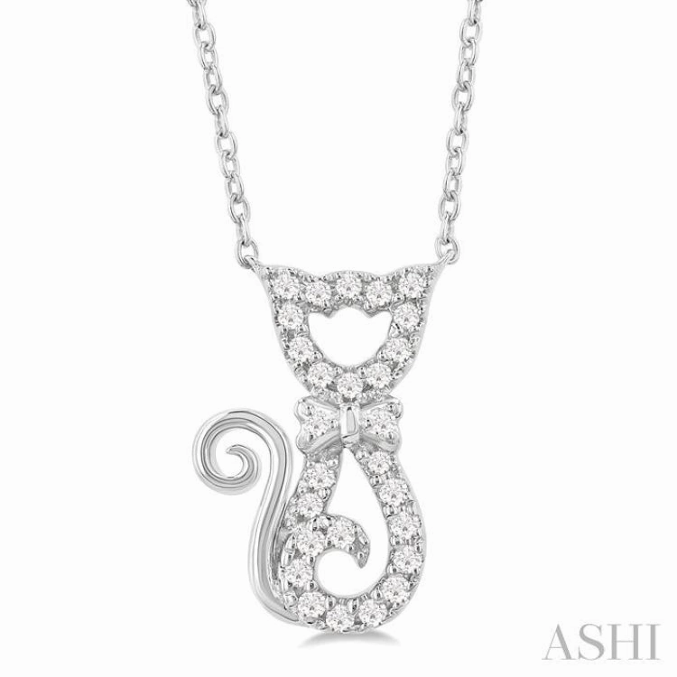 1/10 Ctw Cat Shape Petite Single Cut Diamond Fashion Pendant With Chain in 10K White Gold Petite Gift For Son