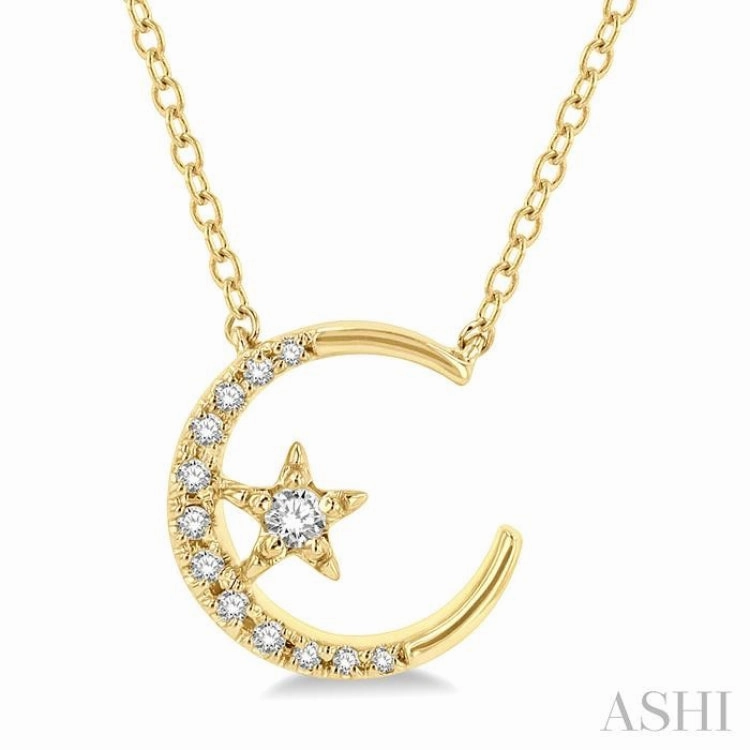 Unisex accessory Every Occasion 1/10 Ctw Crescent Moon and Star Round Cut Petite Diamond Fashion Pendant With Chain in 10K Yellow Gold