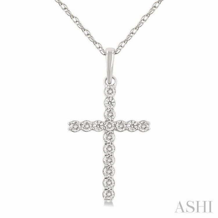 1/10 Ctw Cross Round Cut Diamond Fashion Pendant With Chain in 14K White Gold Busy Life Trendy Man
