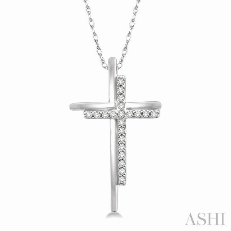 1/10 Ctw Double Cross Round Cut Diamond Pendant With Link Chain in 10K White Gold Great Ornament
