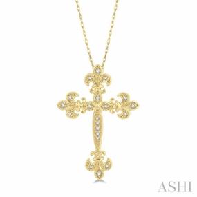 1/10 Ctw Fleur De Lis Round Cut Diamond Cross Pendant With Chain in 10K Yellow Gold Exclusive Style