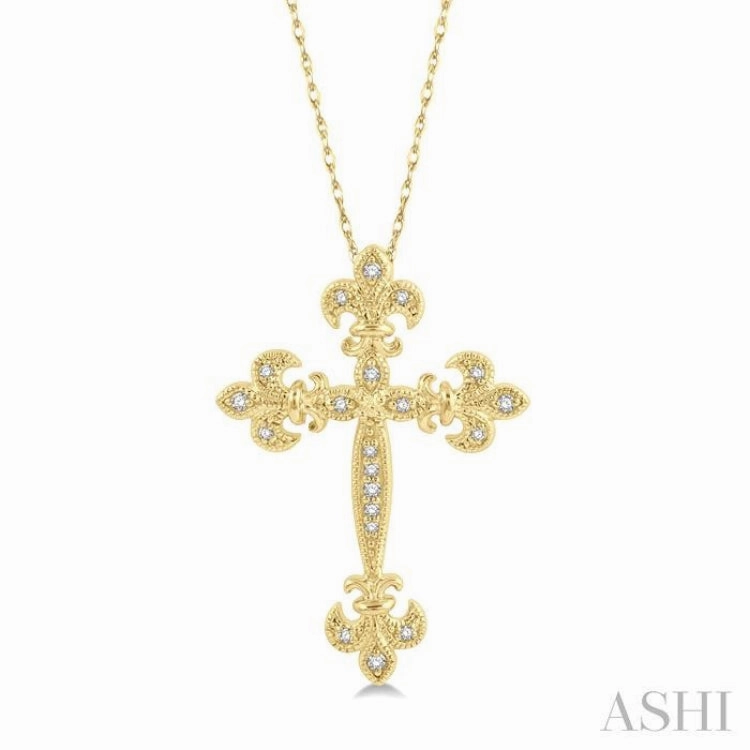 1/10 Ctw Fleur De Lis Round Cut Diamond Cross Pendant With Chain in 10K Yellow Gold Exclusive Style