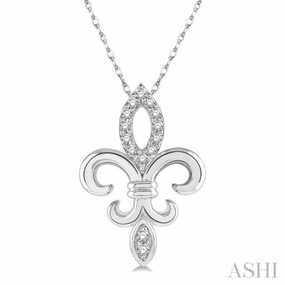 1/10 Ctw Fleur De Lis Round Cut Diamond Pendant With Chain in 10K White Gold Set Jewelry