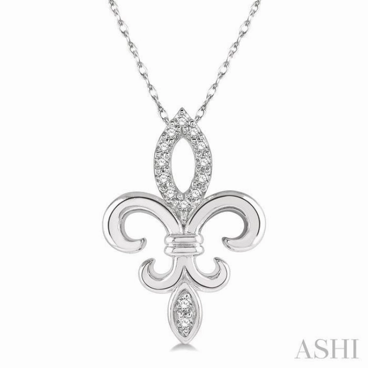 1/10 Ctw Fleur De Lis Round Cut Diamond Pendant With Chain in 10K White Gold Set Jewelry