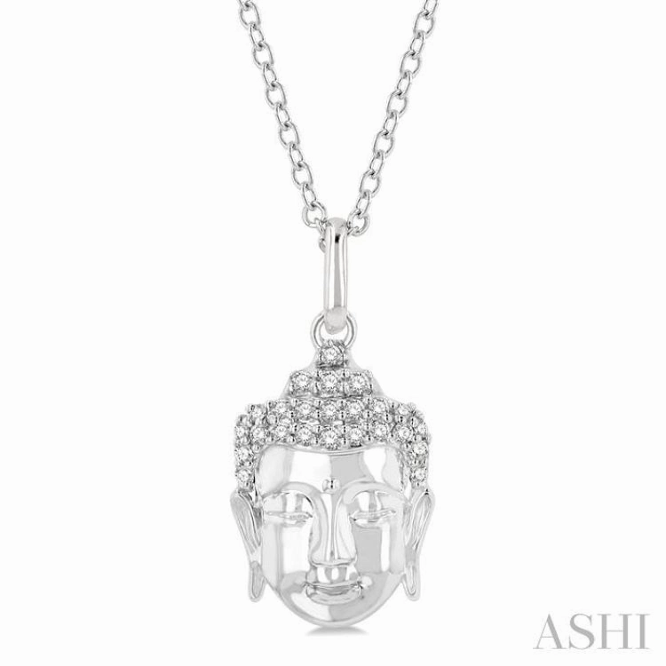 Exclusive Accent 1/10 Ctw Head of Buddha Petite Round Cut Diamond Fashion Pendant With Chain in 10K White Gold