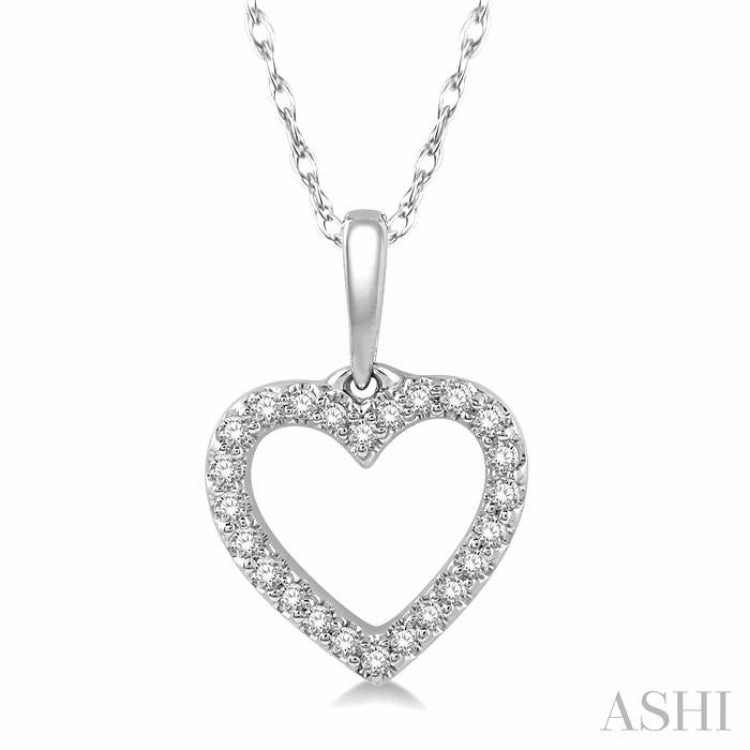 Everyday Style boho vibe 1/10 Ctw Hollow Cut Heart Charm Round Cut Diamond Petite Pendant in 10K White Gold with chain