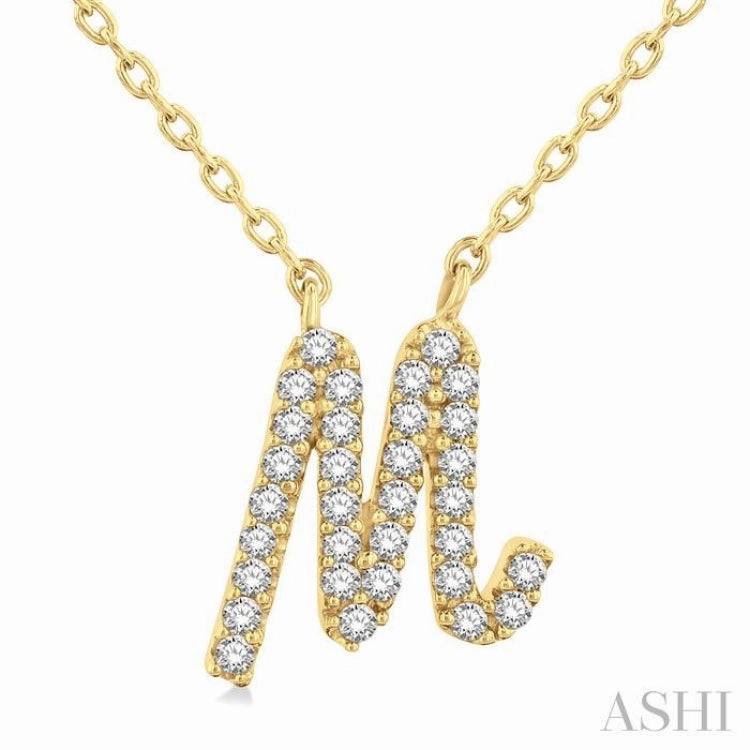 1/10 Ctw Initial 'M' Calligraphy Round Cut Diamond Fashion Pendant With Chain in 10K Yellow Gold Travel Chic