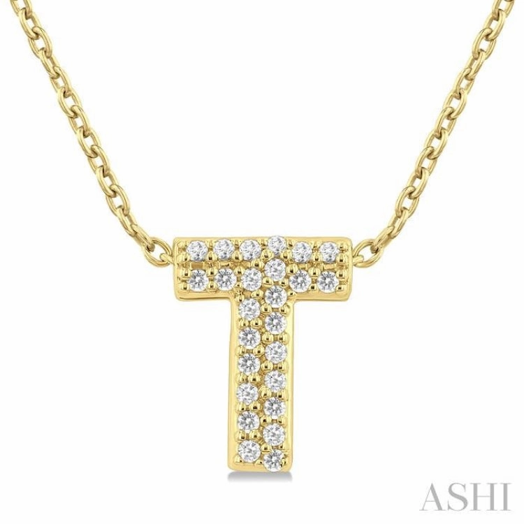 Minimal Present Modern Ornament 1/10 Ctw Initial 'T' Round Cut Diamond Fashion Pendant With Chain in 10K Yellow Gold