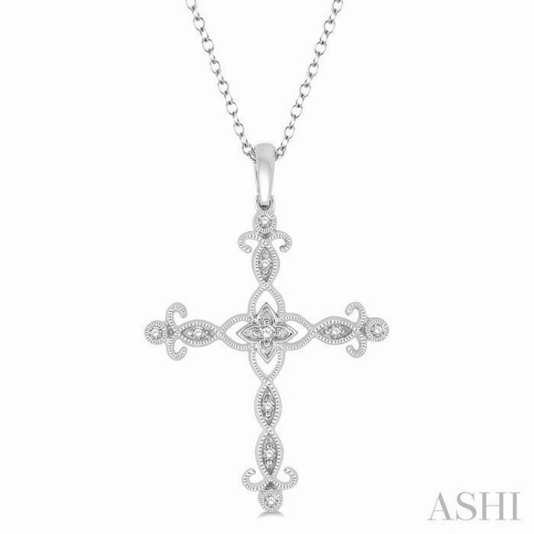 1/10 Ctw Marquise & Floral Lattice Cross Round Cut Diamond Pendant With Link Chain in 10K White Gold Attractive Jewelry
