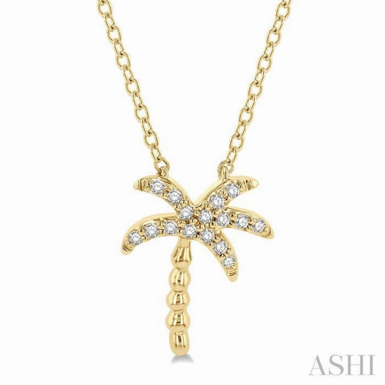 Weekend Vibe 1/10 Ctw Palm Tree Round Cut Diamond Petite Fashion Pendant With Chain in 14K Yellow Gold
