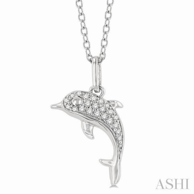 1/10 Ctw Petite Nautical Dolphin Round Cut Diamond Fashion Pendant With Chain in 10K White Gold Minimal Feature