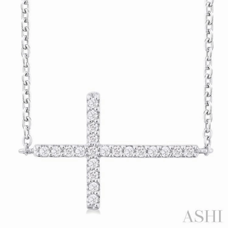 1/10 Ctw Petite Sideways Cross Round Cut Diamond Fashion Pendant With Chain in 10K White Gold Wedding Item