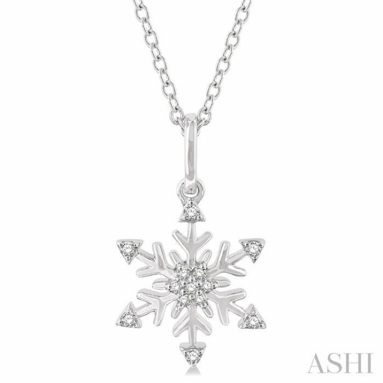 1/10 Ctw Petite Snowflake Round Cut Diamond Fashion Pendant With Chain in 10K White Gold Cool Accent