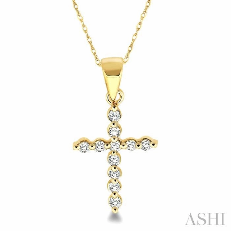 1/10 Ctw Round Cut Diamond Cross Petite Pendant in 14K Yellow Gold with Chain Polished Touch