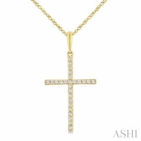 Evening Accessory Caring Gift 1/10 Ctw Round Cut Diamond Petite Cross Fashion Pendant With Chain in 10K Yellow Gold