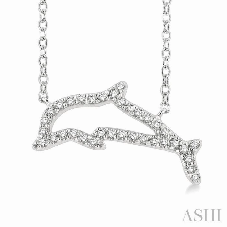 Personal Style 1/10 Ctw Sea Life Petite Dolphin Round Cut Diamond Fashion Pendant With Chain in 10K White Gold