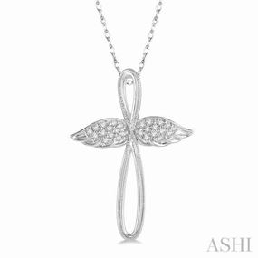 Unique Accessory Evening Party 1/10 Ctw Twisted Cross Angel Wings Round Cut Diamond Pendant With Chain in 10K White Gold