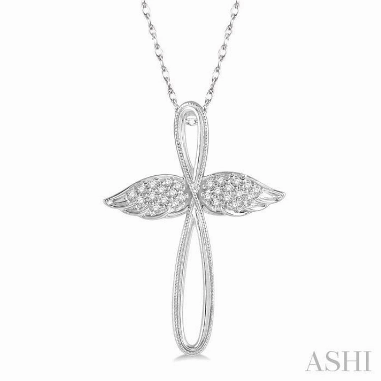 Unique Accessory Evening Party 1/10 Ctw Twisted Cross Angel Wings Round Cut Diamond Pendant With Chain in 10K White Gold