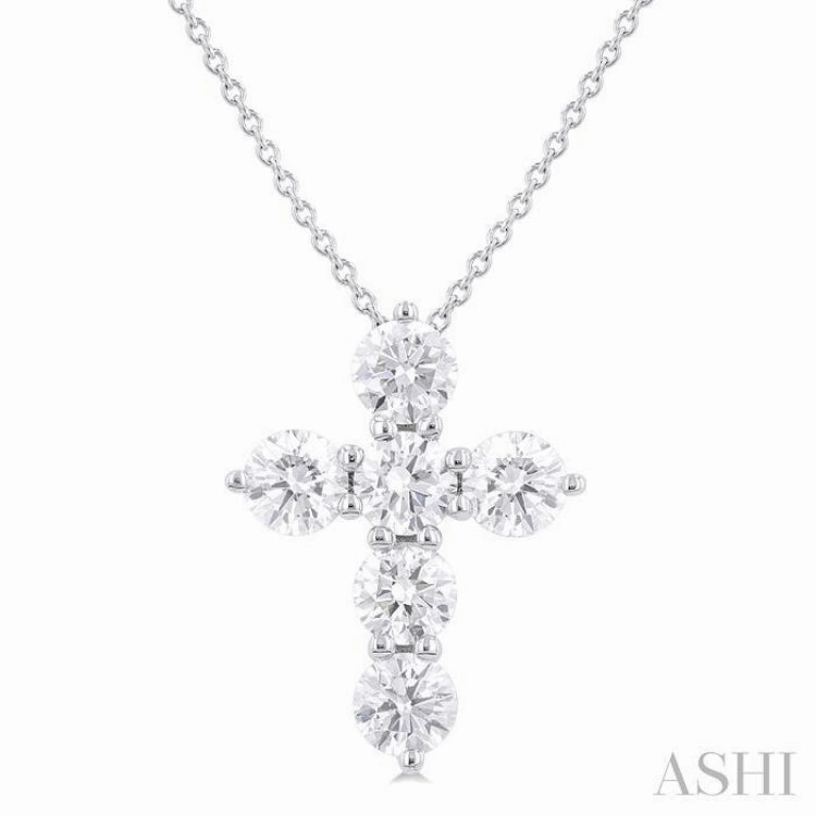 1 1/2 Ctw Round Cut Diamond Christian Cross 6-Stone Fashion Pendant With Chain in 14K White Gold Modern Look