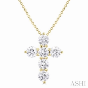 1 1/2 Ctw Round Cut Diamond Christian Cross 6-Stone Fashion Pendant With Chain in 14K Yellow Gold Urban Flair Weekend Accent