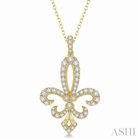 1 1/2 Ctw Round Cut Diamond Fleur De Lis Pendant in 14K Yellow Gold with Chain Caring Present Fashion Girl